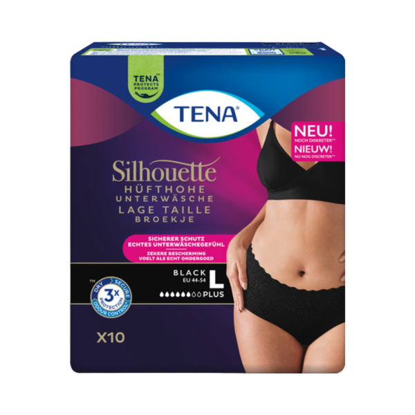 TENA Silhouette Pants Plus Black Größe L (44­54), hüfthohe Unterwäsche, mittlere bis schwere Blasenschwäche, 10 Stück